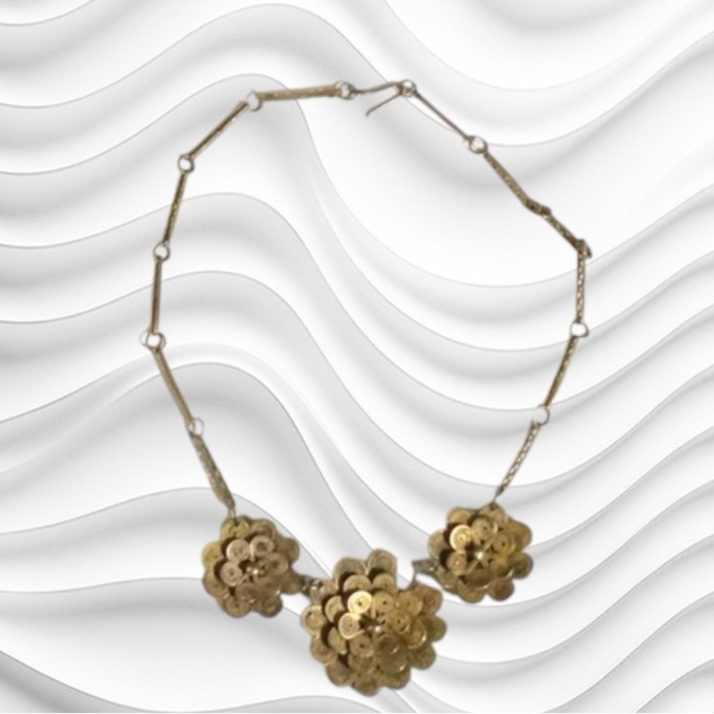 Mid Century Floral Filigree Gold Toned Metal Statement Necklace